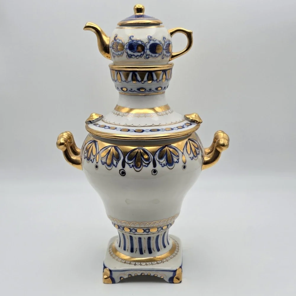 Vintage Russian Gzhel Decorative USSR Porcelain‎ Samovar Teapot Gift Gold Gilt
